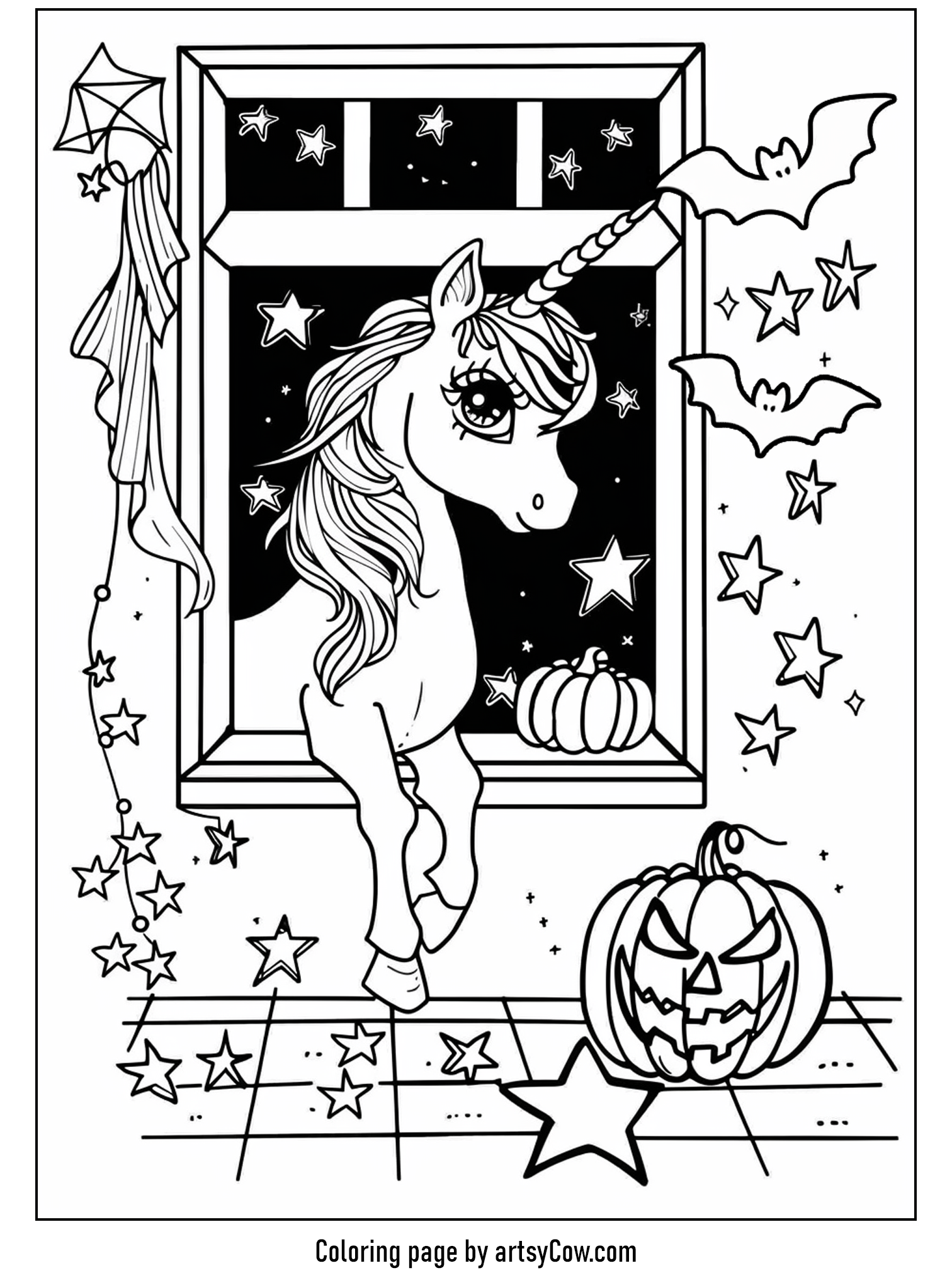 halloween coloring pages with unicorn, depicting a playful unicorn at a window with bats, stars, and a jack-o'-lantern